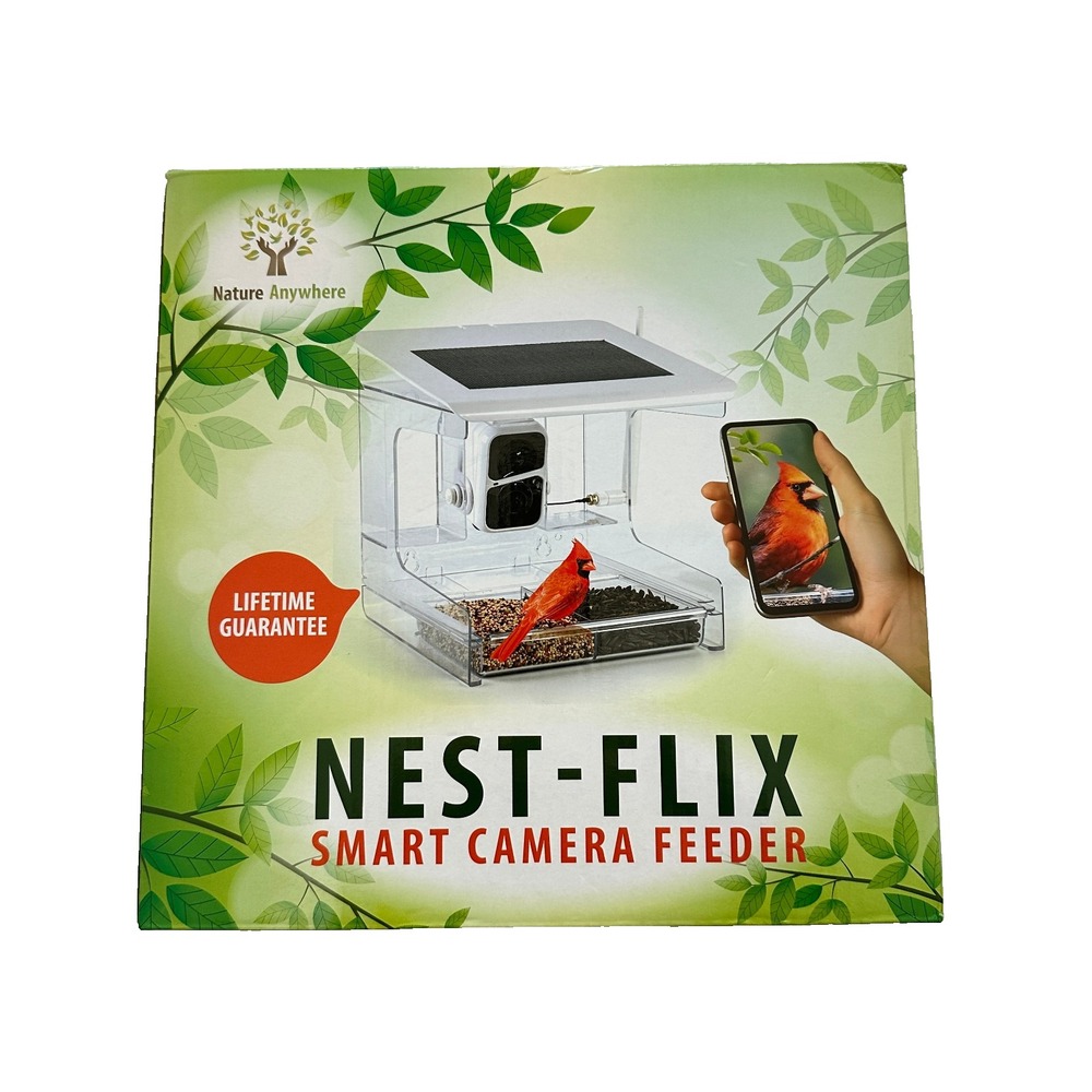 Nature Anywhere Nest-Flix Smart Camera Bird Feeder Solar Powered White Clear
